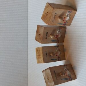 Vintage Made In Japan Wooden Farmhouse Rooster Spice Jara Containers